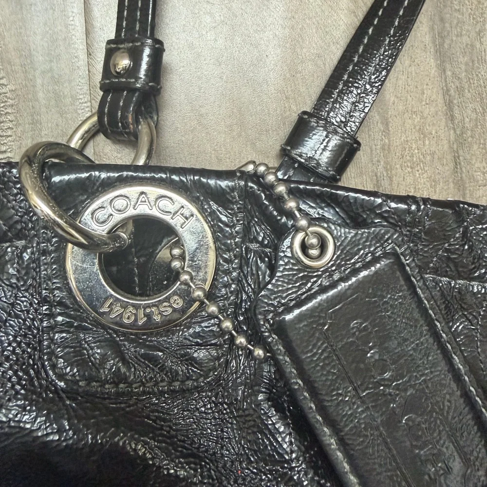 Coach Black Leather Signature-Pattern Tote with Silver Hardware diaper bags